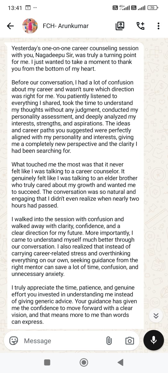 Arunkumar's detailed feedback about his one-to-one career counselling session.