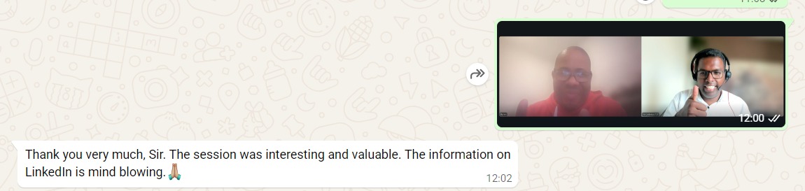 WhatsApp feedback describing the LinkedIn session as interesting and valuable.