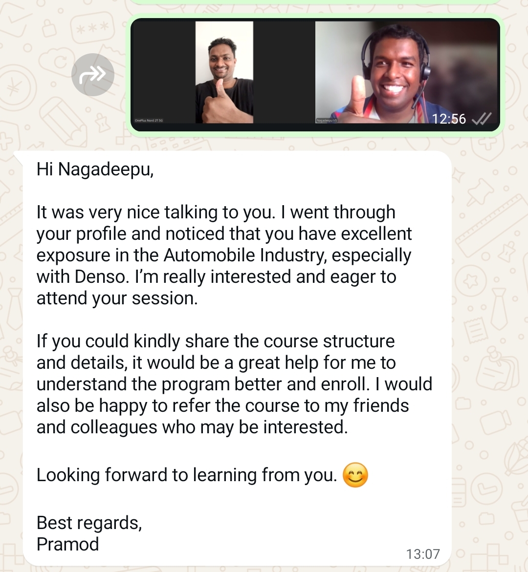 Pramod's message expressing interest in the course and requesting program details.