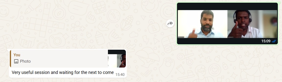 WhatsApp feedback describing a useful session and looking forward to the next one.