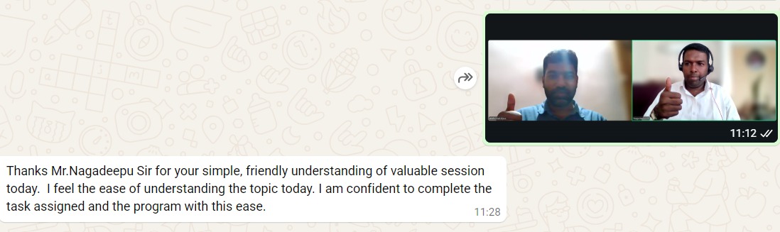 WhatsApp feedback thanking Nagadeepu for an easy-to-understand session and expressing confidence in the assigned tasks.